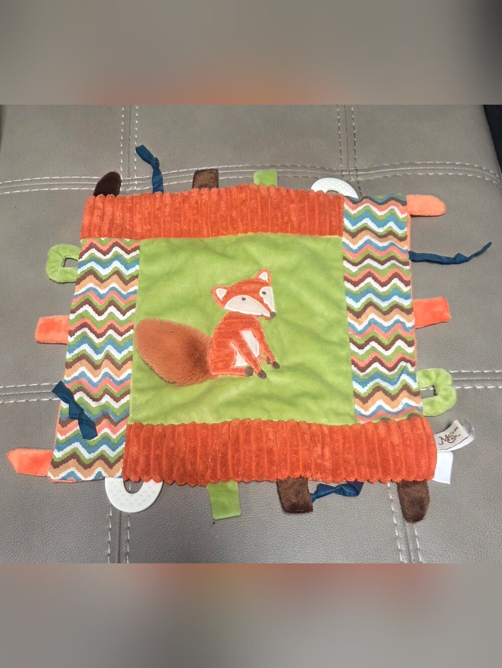 Maison Chic Orange Fox Plush Lovey Baby Security Blanket Chevron Sensory Tags 1K